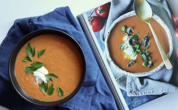 Blistered tomato soup cooking in color
